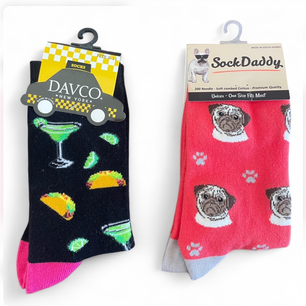 2 Pairs of Novelty Socks -Cocktail and Taco Design,‎ Dog Design